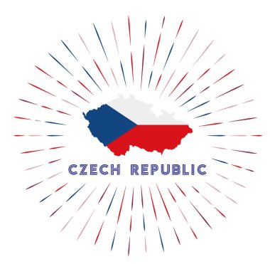 Çek Cumhuriyeti güneş patlaması rozeti. Çek Cumhuriyeti haritası ve Çek bayrağı ile ülke imzası. Logonun etrafına renkli ışınlar. Vektör illüstrasyonu.