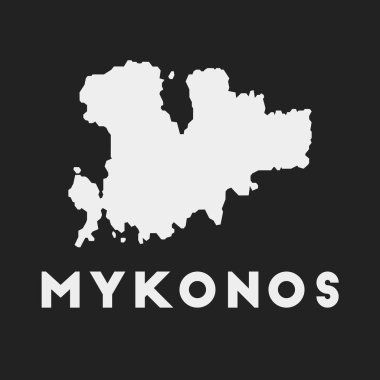 Mykonos simgesi. Karanlık arka planda ada haritası. Ada adına sahip şık bir Mykonos haritası. Vektör illüstrasyonu.