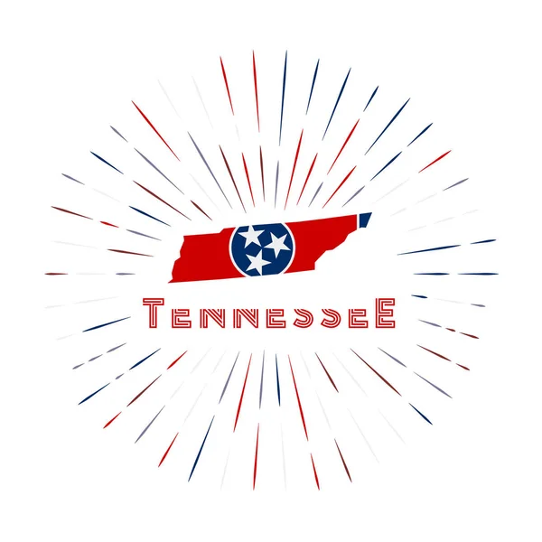 Tennessee Güneş Patlaması Rozeti Eyalet Bayrağıyla Tennessee Haritası Olan Abd — Stok Vektör