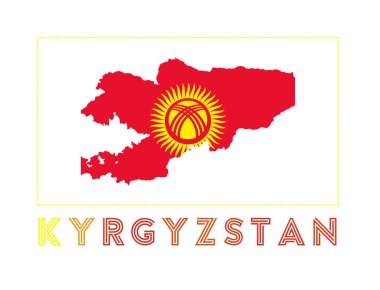 Kırgızistan Logosu. Kırgızistan haritasında ülke adı ve bayrağı var. Tarz vektör illüstrasyonu.