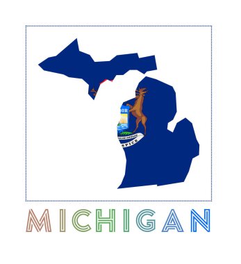 Michigan Logosu. Michigan haritasında eyalet adımız ve bayrağımız var. Otantik vektör illüstrasyonu.