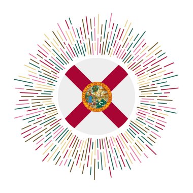 Florida tabelası. Renkli vatozlu Amerikan bayrağı. Florida bayrağıyla parlayan güneş patlaması. Vektör illüstrasyonu.