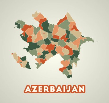 Azerbaycan posterinin eski tarz ülke haritası sonbahar renk paleti şekilli bölgeleri