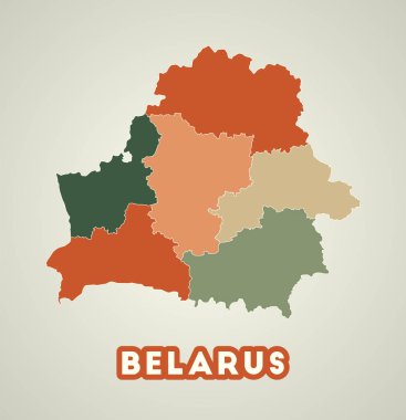 Belarus posterinin eski tarz ülke haritası sonbahar renk paleti şekilli bölgeleri
