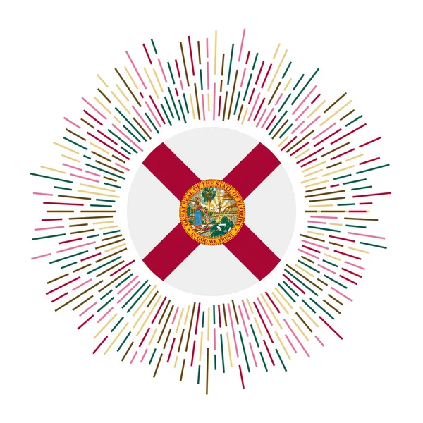 Florida tabelası. Renkli vatozlu Amerikan bayrağı. Florida bayrağıyla parlayan güneş patlaması. Vektör illüstrasyonu.