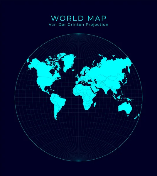Dünya Van der Grinten Projeksiyonunun Haritası Fütürist Infographic dünya illüstrasyonu Bright cyan — Stok Vektör