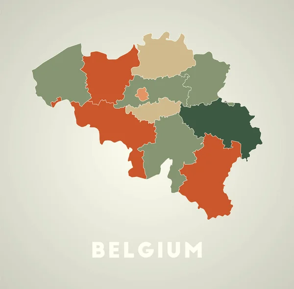 Cartel de Bélgica en estilo retro Mapa del país con regiones en otoño paleta de colores — Vector de stock