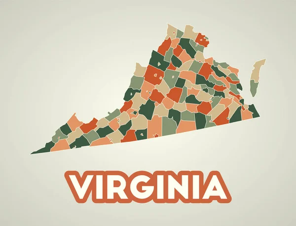 Αφίσα της Βιρτζίνια σε ρετρό στυλ Χάρτης της πολιτείας των ΗΠΑ με περιοχές στην φθινοπωρινή χρωματική παλέτα — Διανυσματικό Αρχείο