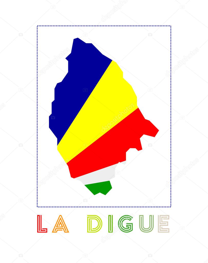 La Digue Logo. Map of La Digue with island name and flag. Attractive vector illustration.