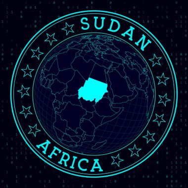 Sudan yuvarlak işareti. Sudan 'ın merkezindeki dünyaya dair fütürist uydu görüşü. Haritalı ülke rozeti, yuvarlak metin ve ikili arkaplan. Otantik vektör illüstrasyonu.