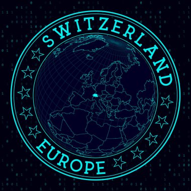 İsviçre yuvarlak işareti. İsviçre 'nin merkezindeki dünyaya dair fütürist uydu görüşü. Haritalı ülke rozeti, yuvarlak metin ve ikili arkaplan. Müthiş vektör illüstrasyonu.
