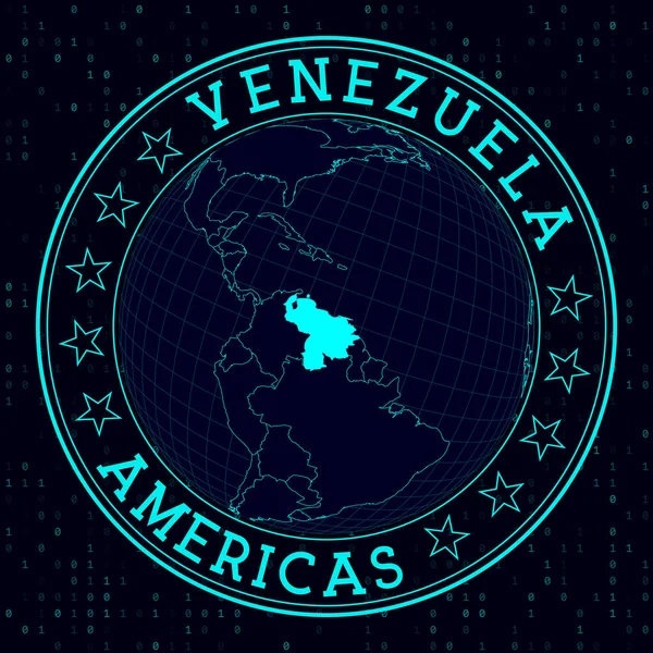 委内瑞拉回合签署 未来主义者的世界观以委内瑞拉为中心 带有地图 圆形文字和二进制背景的国家徽章 现代矢量图解 — 图库矢量图片