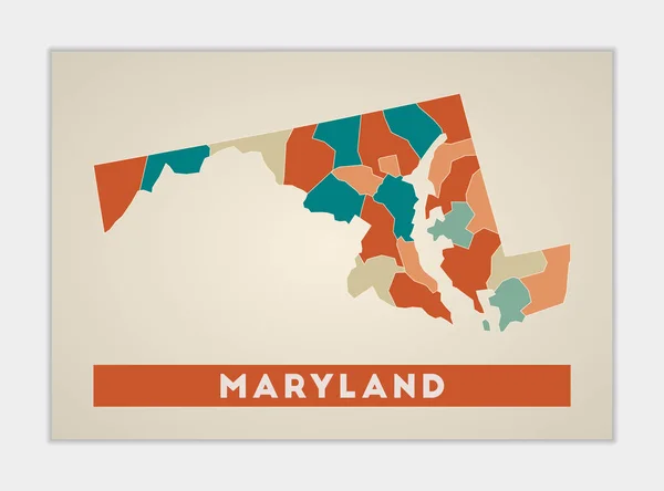 Maryland plakát Mapa státu USA s barevnými regiony Tvar Marylandu s námi státní název — Stockový vektor