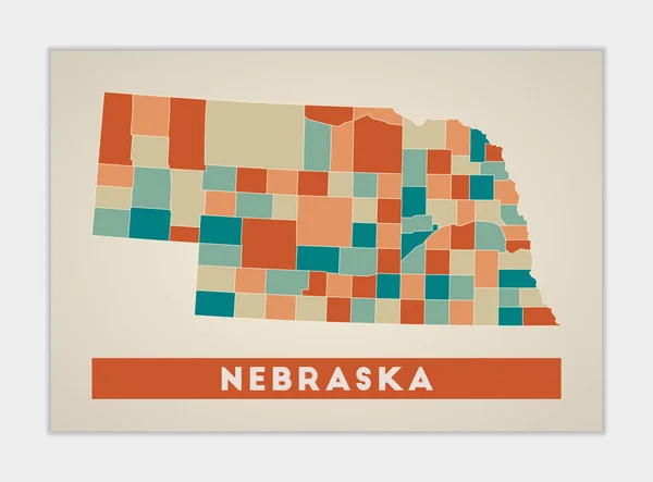 Nebraska poster Mappa dello stato degli Stati Uniti con regioni colorate Forma del Nebraska con noi nome dello stato — Vettoriale Stock