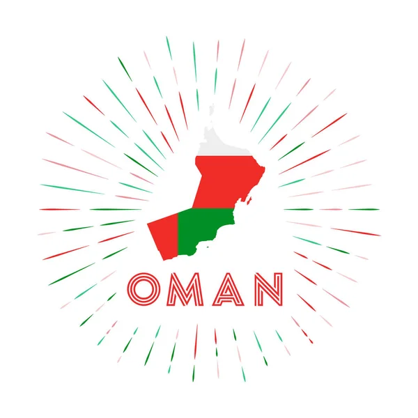 Oman sunburst badge El cartel del país con el mapa de Omán con la bandera de Omán Rayos de colores alrededor de la — Vector de stock