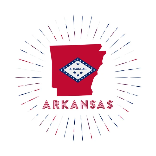 Arkansas sunburst badge De us state teken met kaart van Arkansas met staatsvlag Kleurrijke stralen — Stockvector