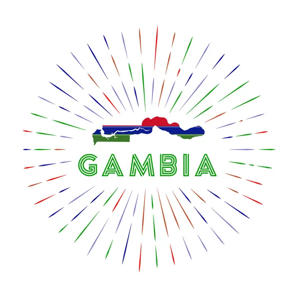 Gambia sunburst badge El cartel del país con el mapa de Gambia con la bandera de Gambia Rayos de colores alrededor — Vector de stock