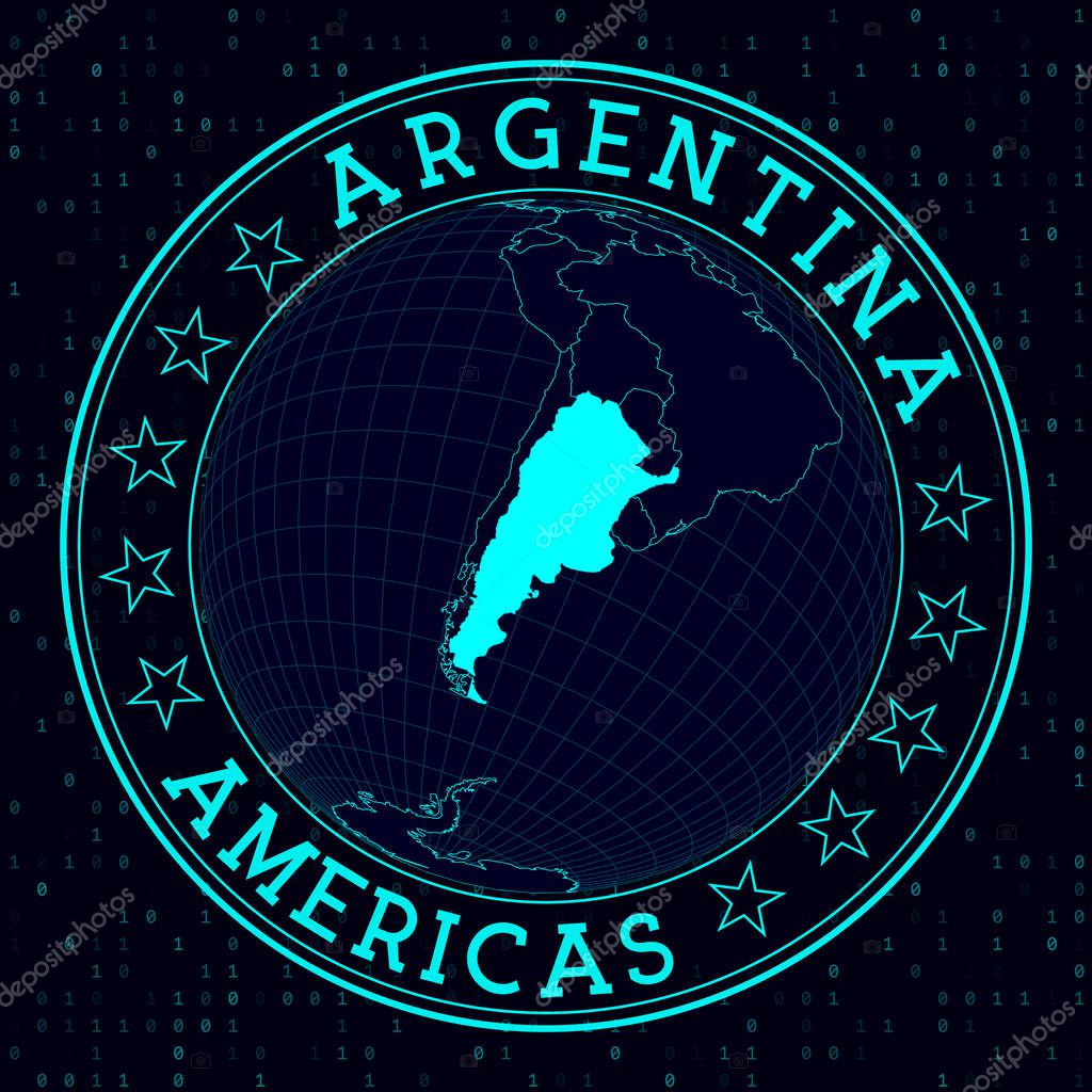 Argentina round sign. Futuristic satelite view of the world centered to Argentina. Country badge with map, round text and binary background. Attractive vector illustration.