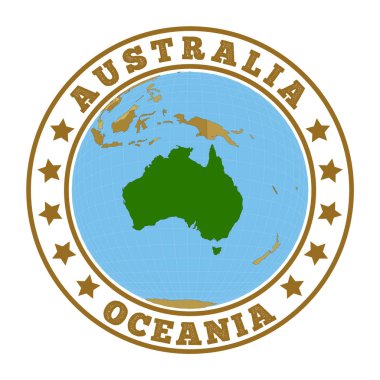 Avustralya logosu. Dünya bağlamında Avustralya haritası olan ülkenin yuvarlak rozeti. Üzerinde dünya haritası ve yuvarlak metin olan ülke etiketi. Vektör illüstrasyonu.