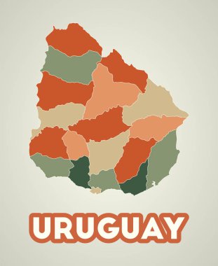 Eski tarz Uruguay posteri Sonbahar renk paleti biçiminde bölgeleri olan ülke haritası