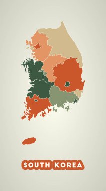 Güney Kore posterinin retro tarzı ülke haritası Sonbahar renk paleti şekilli bölgeler