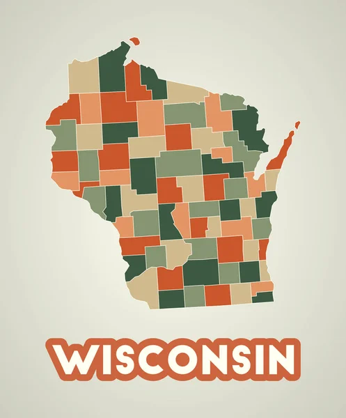 Wisconsin poster in stile retrò Mappa dello stato degli Stati Uniti con le regioni in autunno tavolozza dei colori Forma di — Vettoriale Stock