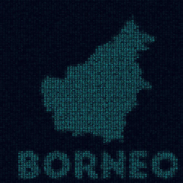 Borneo tech map Símbolo de isla en estilo digital Cibermapa de Borneo con nombre de isla Vibrante — Vector de stock