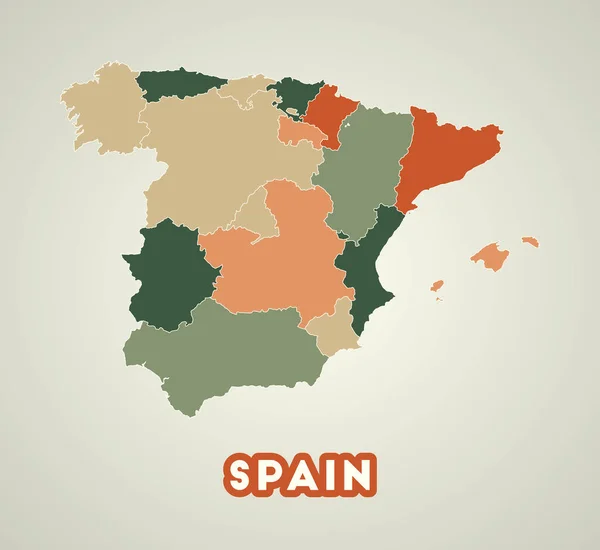 Плакат в стиле ретро Карта страны с регионами в осенней цветовой палитре Форма Испании — стоковый вектор