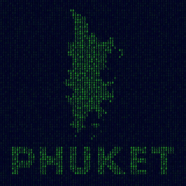 Logo digital de Phuket Símbolo de la isla en estilo hacker Mapa de código binario de Phuket con nombre de isla — Vector de stock