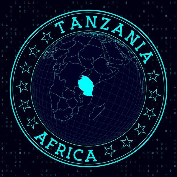 Tanzania ronda signo satelite futurista vista del mundo centrado en Tanzania País insignia con — Vector de stock