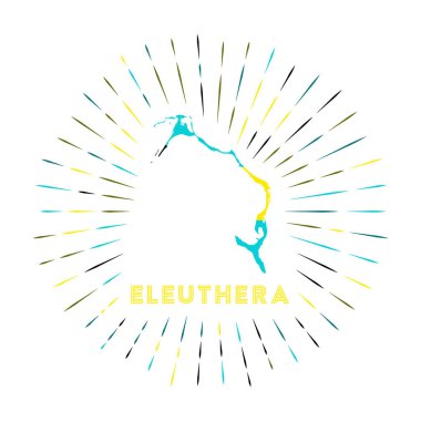 Eleuthera güneş patlaması rozeti. Bahama bayraklı Eleuthera haritalı ada işareti.