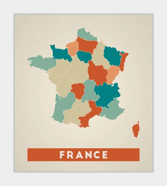 Cartel de Francia Mapa del país con regiones de colores Forma de Francia con el nombre del país aseado — Vector de stock