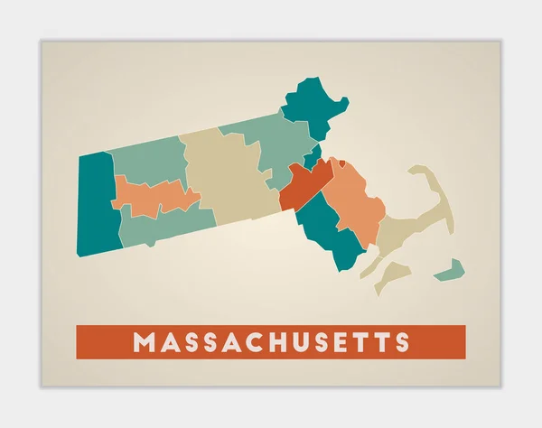 Massachusetts poster Mapa do estado dos EUA com regiões coloridas Forma de Massachusetts com a gente — Vetor de Stock