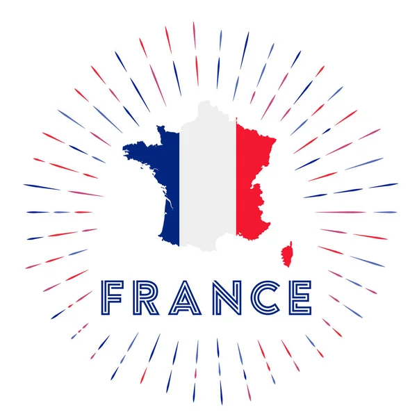 Fransa güneş patlaması rozeti Fransa haritası ile imzalanmış Fransız bayrağı rengarenk ışınlar — Stok Vektör