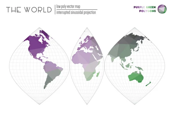 Mappa vettoriale del mondo Proiezione sinusoidale interrotta del mondo Viola Verde — Vettoriale Stock