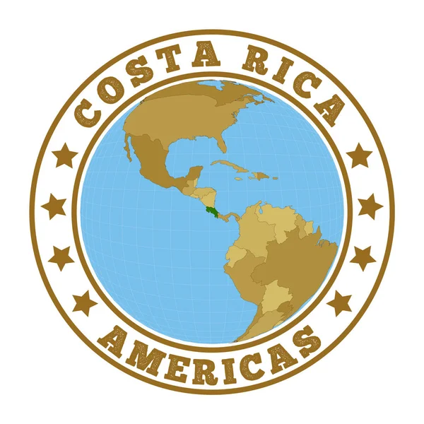 Logo Kostariky Kulatý odznak země s mapou Kostariky ve světovém kontextu Samolepka Země — Stockový vektor