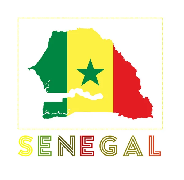 Senegal Logo Mapa de Senegal con el nombre del país y la bandera Astonishing vector illustration — Vector de stock