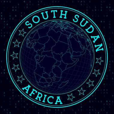 South Sudan round sign Futuristic satelite view of the world centered to South Sudan Country badge