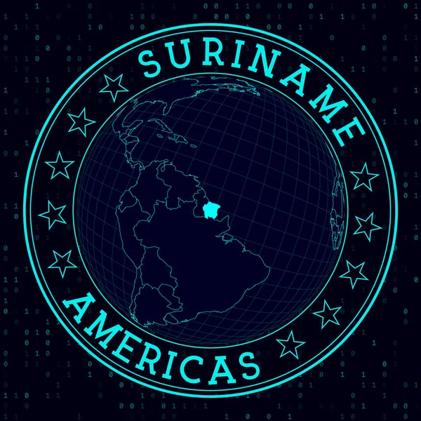 Суринамский круглый знак Футуристический спутниковый взгляд на мир с центром в Суринаме — стоковый вектор