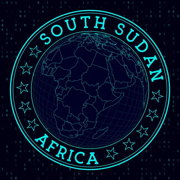 South Sudan round sign Futuristic satelite view of the world centered to South Sudan Country badge — Stock vektor