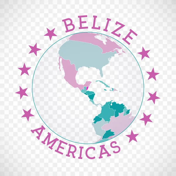 Belize logotipo redondo emblema do país com mapa de Belize no contexto mundial Selo de etiqueta do país com — Vetor de Stock
