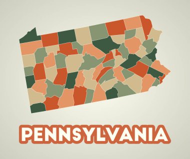 Pennsylvania posterinde sonbahar renk paleti şekilli Amerika Birleşik Devletleri haritası var.