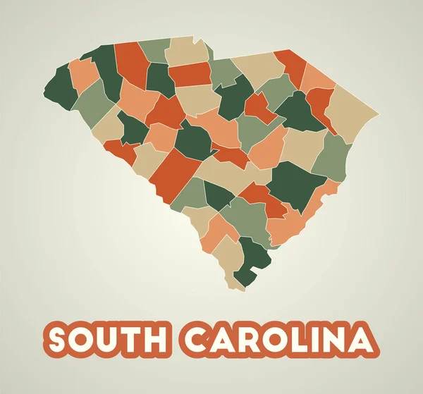 South Carolina Poster im Retro-Stil Karte des US-Bundesstaates mit Regionen im Herbst Farbpalette — Stockvektor