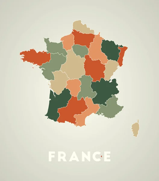 Affiche de France dans un style rétro Carte du pays avec des régions dans la palette de couleurs d'automne Forme de — Image vectorielle