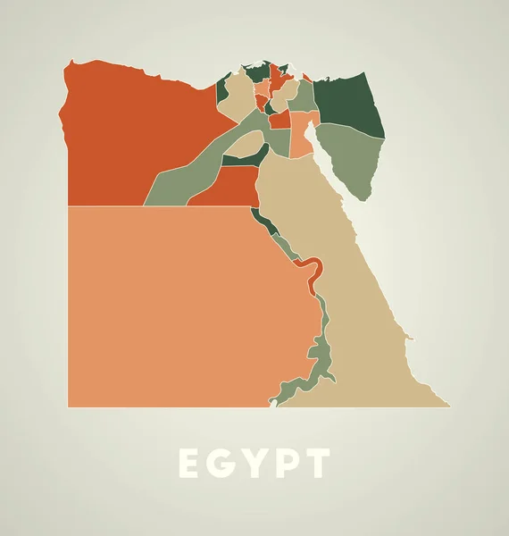 Egitto poster in stile retrò Mappa del paese con le regioni nella tavolozza dei colori autunno Forma dell'Egitto — Vettoriale Stock
