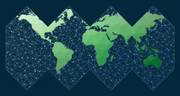 Mapa abstracto de la red mundial Proyección Healpix Mapa del mundo verde de baja polivinización con fondo de red — Vector de stock