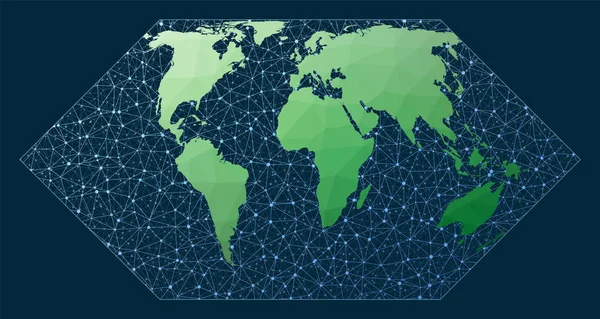 Global internet affärsidé Eckert 2 projektion Grön låg poly världskarta med nätverk — Stock vektor