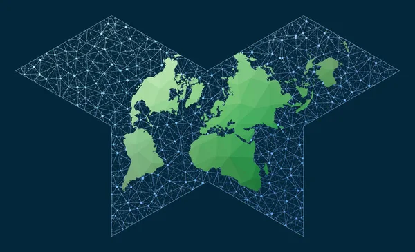 Komunikační mapa světa Polyhedrální motýlí projekce Zelená nízká poly mapa světa s — Stockový vektor