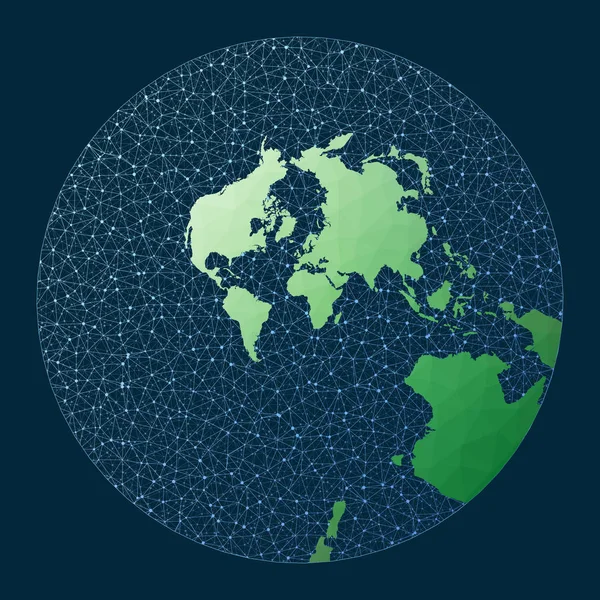 Global internet business concept Projection stéréographique Carte du monde verte low poly avec réseau — Image vectorielle