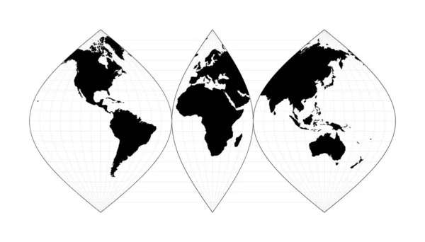Mapa do mundo vetorial Projecção sinusoidal interrompida Plano mapa geográfico do mundo com pistas gratuitas —  Vetores de Stock